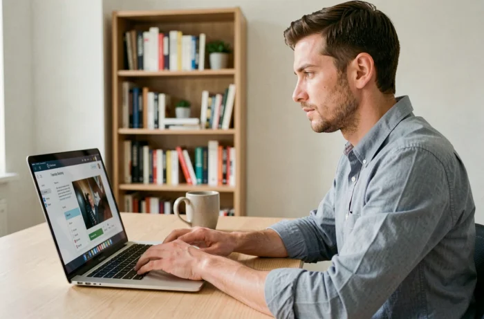 Homme rédigeant du contenu web en freelance sur une plateforme comme Malt depuis son bureau à domicile
