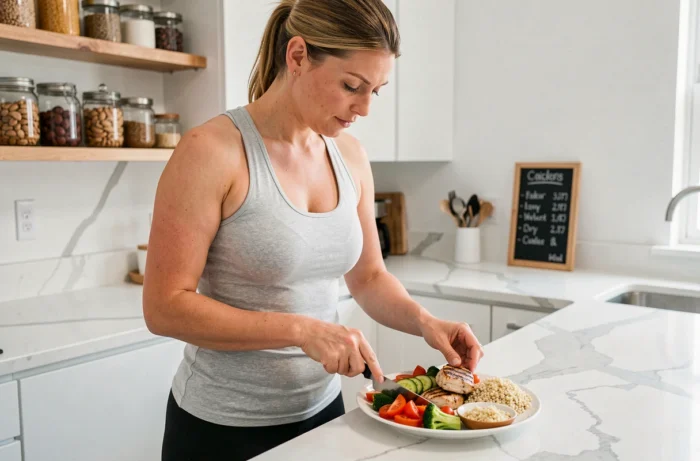 Femme préparant un repas équilibré à 1800 calories dans une cuisine moderne pour perdre du poids