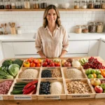 Femme entourée d'aliments variés classés par régimes alimentaires sur une table en bois dans une cuisine moderne