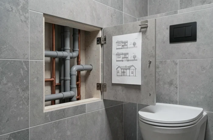 Réseau d'eaux non potables dissimulé dans le coffrage de bâti-support avec trappe d'accès carrelée invisible révélant les canalisations PVC et cuivre dans de petites toilettes