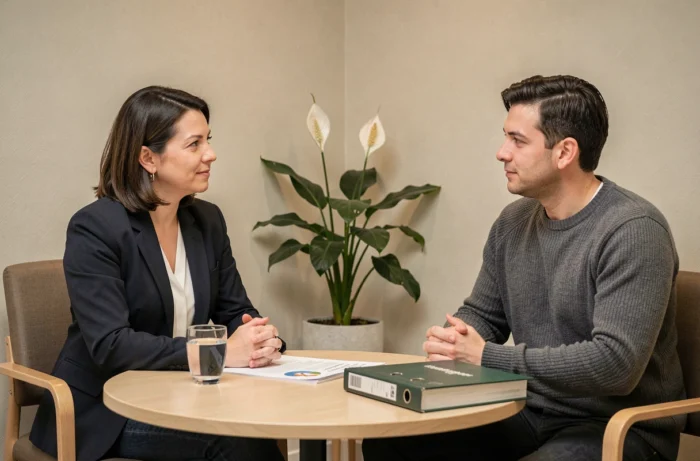 Conseillère RH et juridique en entretien avec un collaborateur dans une salle aux touches bien-être illustrant l'approche globale paie, droit et qualité de vie au travail