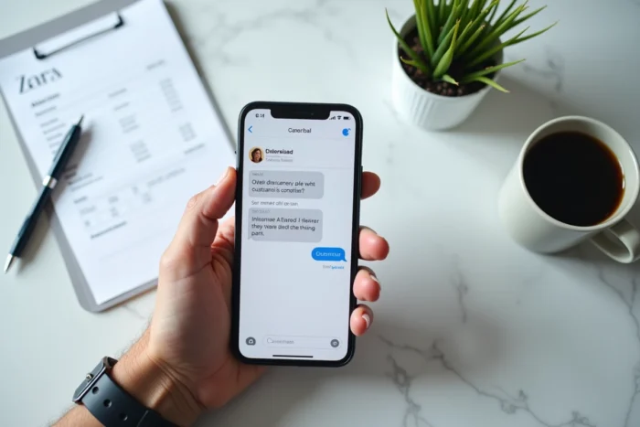 Main tenant un smartphone avec une conversation de service client pour réclamation de colis non livré Zara