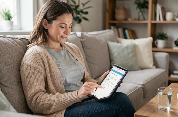 Femme répondant à des sondages rémunérés sur une tablette depuis son canapé à domicile