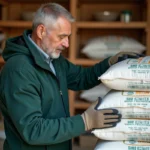 Homme rangeant des sacs de pellets en bois dans une pièce de stockage domestique avec étagères en bois