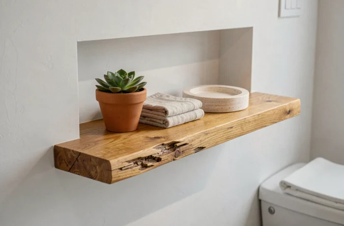 Tablette suspendue en bois massif chêne huilé sous la niche du coffrage avec plante succulente terracotta et savon travertin dans de petites toilettes