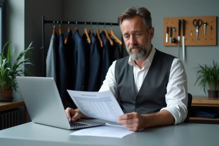 Tailleur indépendant consultant une grille tarifaire pour ses prestations de retouches couture dans un studio moderne
