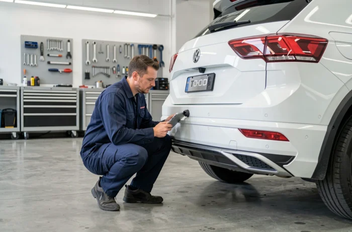 Technicien automobile inspectant le système de caméra de recul d'un Volkswagen T-Roc blanc dans un atelier de concession moderne
