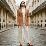 Femme élégante portant un blazer camel oversize et un pantalon wide-leg ivoire dans une rue pavée parisienne, look tendance automne