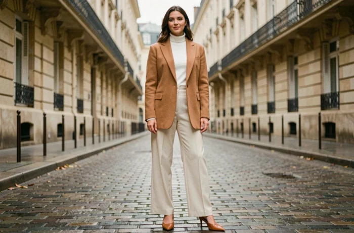 Femme élégante portant un blazer camel oversize et un pantalon wide-leg ivoire dans une rue pavée parisienne, look tendance automne