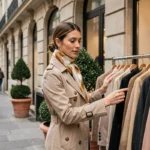 Femme élégante découvrant les nouvelles tendances mode dans une boutique parisienne du Faubourg Saint-Honoré
