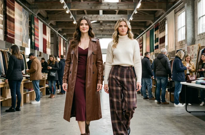 Deux femmes stylées portant les tendances mode de la saison dans un marché de mode intérieur, robe slip burgundy et pantalon plaid