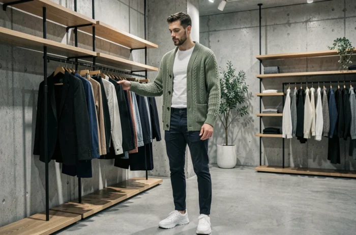Homme en cardigan vert sauge et chino slim dans un concept store minimaliste, tendances mode masculine automne-hiver