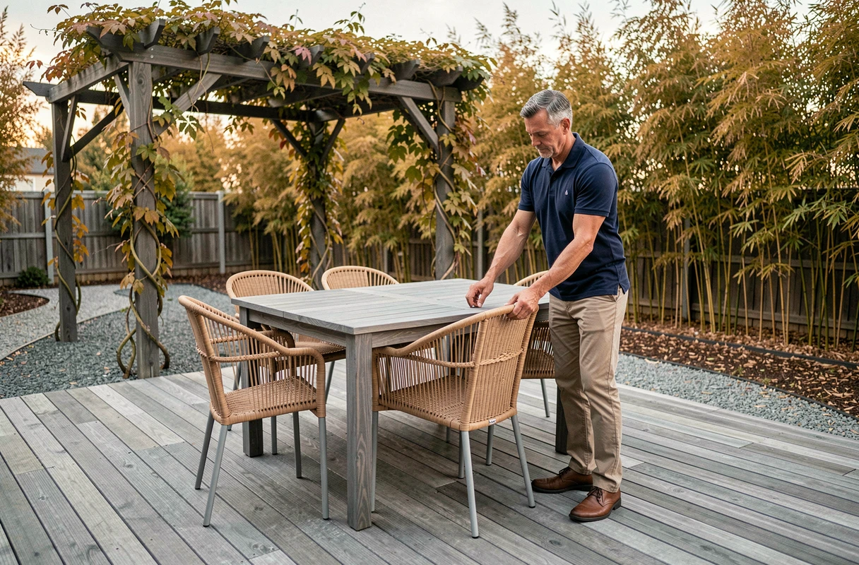 Homme arrangeant un salon de jardin en rotin sur une terrasse en bois sous une pergola couverte de plantes grimpantes