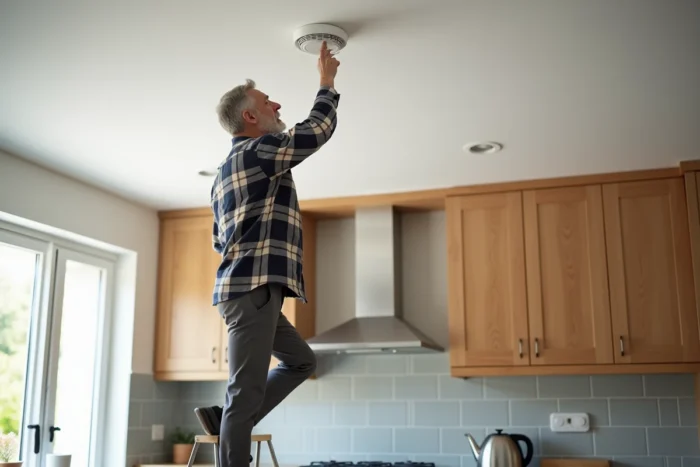 Homme testant un détecteur de fumée au plafond de sa cuisine pour assurer la sécurité incendie de son domicile