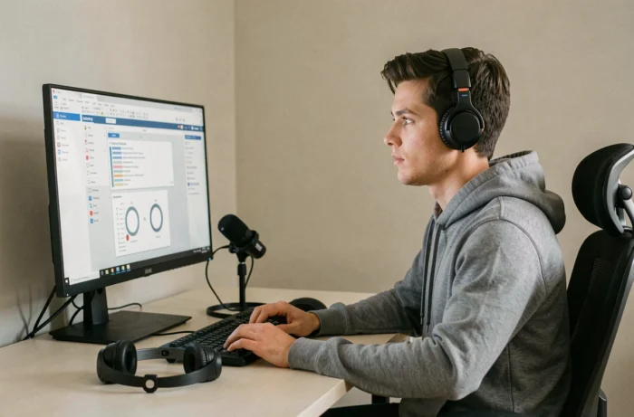 Homme testant un site web ou une application depuis son bureau à domicile avec un casque et un microphone
