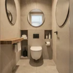 Vue d'ensemble d'unes petites toilettes suspendues élégamment aménagées avec niche, carrelage grand format, tablette bois et miroir rond dans un appartement urbain compact