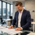 Entrepreneur en blazer marine examinant des documents dans un bureau moderne lors d'une transformation d'entreprise en 2024