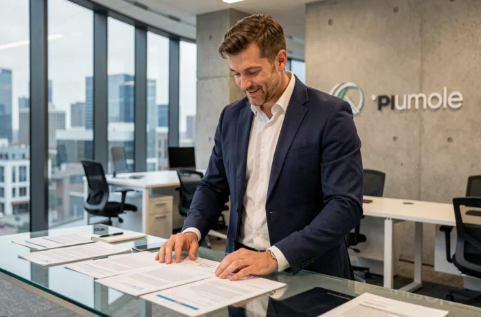 Entrepreneur en blazer marine examinant des documents dans un bureau moderne lors d'une transformation d'entreprise en 2024