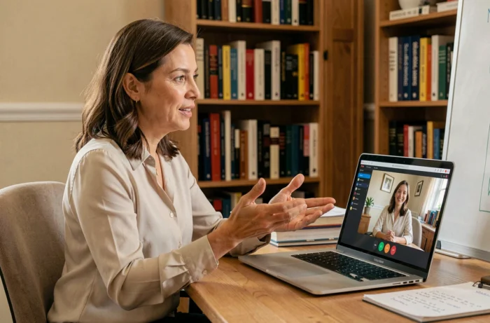 Femme donnant des cours de tutorat en ligne via une plateforme comme Superprof depuis son bureau à domicile