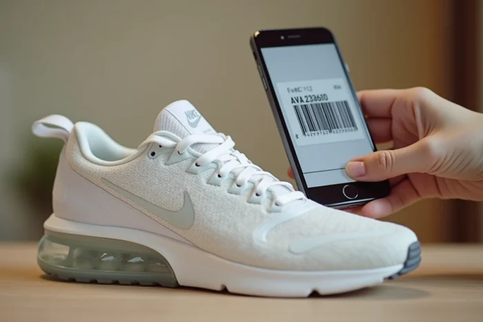 Vérification du numéro de série Nike sur l'étiquette de la chaussure avec un smartphone et une application de scan de code-barres