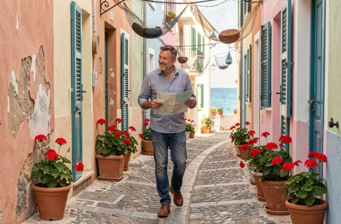 Voyageur explorant une ruelle pavée d'un village côtier méditerranéen avec carte en main