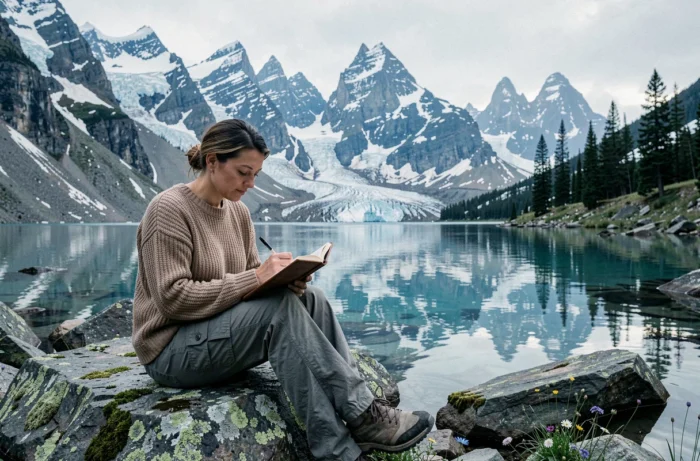 Voyageuse solitaire écrivant dans son journal au bord d'un lac glaciaire entouré de sommets alpins enneigés