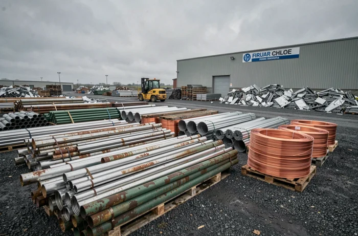 Vue panoramique d'un centre de tri de métaux avec rangées de cuivre, acier et aluminium sur palettes