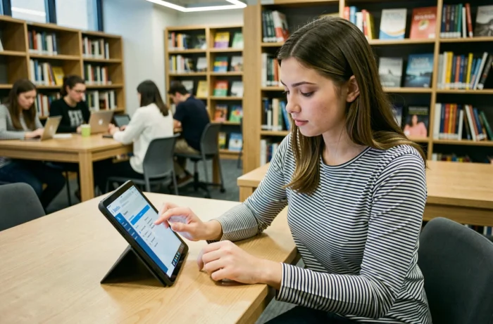 Jeune femme consultant le webmail Ac Nantes sur tablette dans une médiathèque scolaire